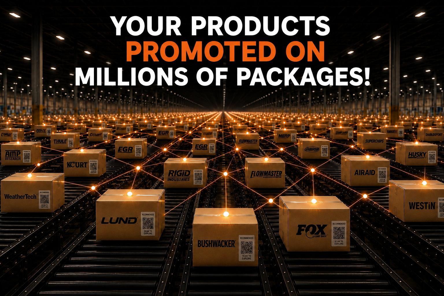 Millions of shipping boxes on conveyor belts connected by glowing orange network lines, each box carrying a QR code linking participating aftermarket brands