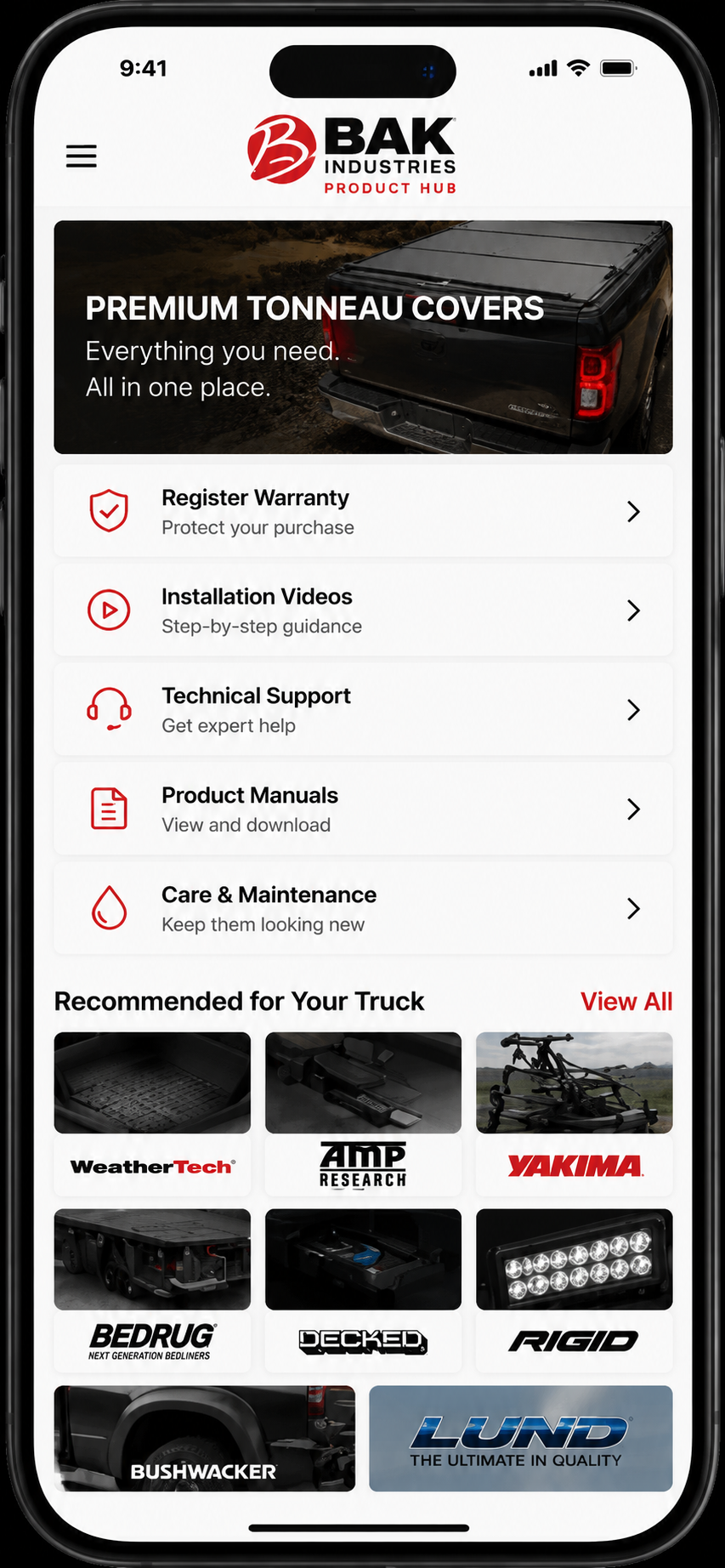 BAK Industries Product Hub shown on iPhone with Register Warranty, Installation Videos, Technical Support, Product Manuals, Care & Maintenance, and Recommended brands